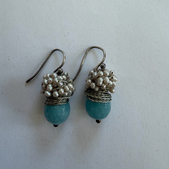 Elegant Silver and Blue Beaded Earrings - Picture 3 of 3